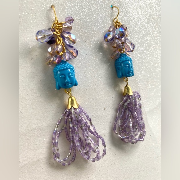 Buddha turquoise Mystical sparkle purple beaded loop vintage earring meditation - Picture 3 of 4